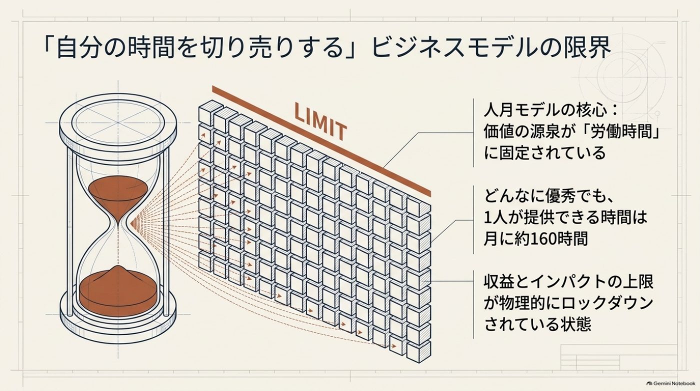 砂時計から160個のブロックの壁に矢印が伸び、LIMITと書かれた図。人月モデルは価値の源泉が労働時間に固定され、1人が提供できる時間は月に約160時間で、収益とインパクトの上限がロックされていると説明している