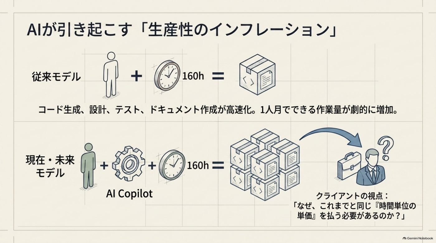従来モデルは人+160時間=成果物1個、現在・未来モデルは人+AI Copilot+160時間=成果物多数となり、クライアントが「なぜ同じ時間単価を払う必要があるのか」と疑問を持つ図