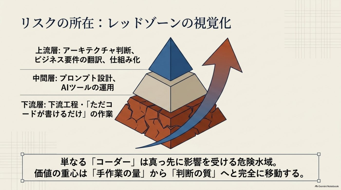 3層のピラミッドの図。上流層はアーキテクチャ判断・ビジネス要件の翻訳・仕組み化、中間層はプロンプト設計・AIツールの運用、下流層は下流工程・ただコードが書けるだけの作業で、下流層がひび割れた赤い土台として描かれている