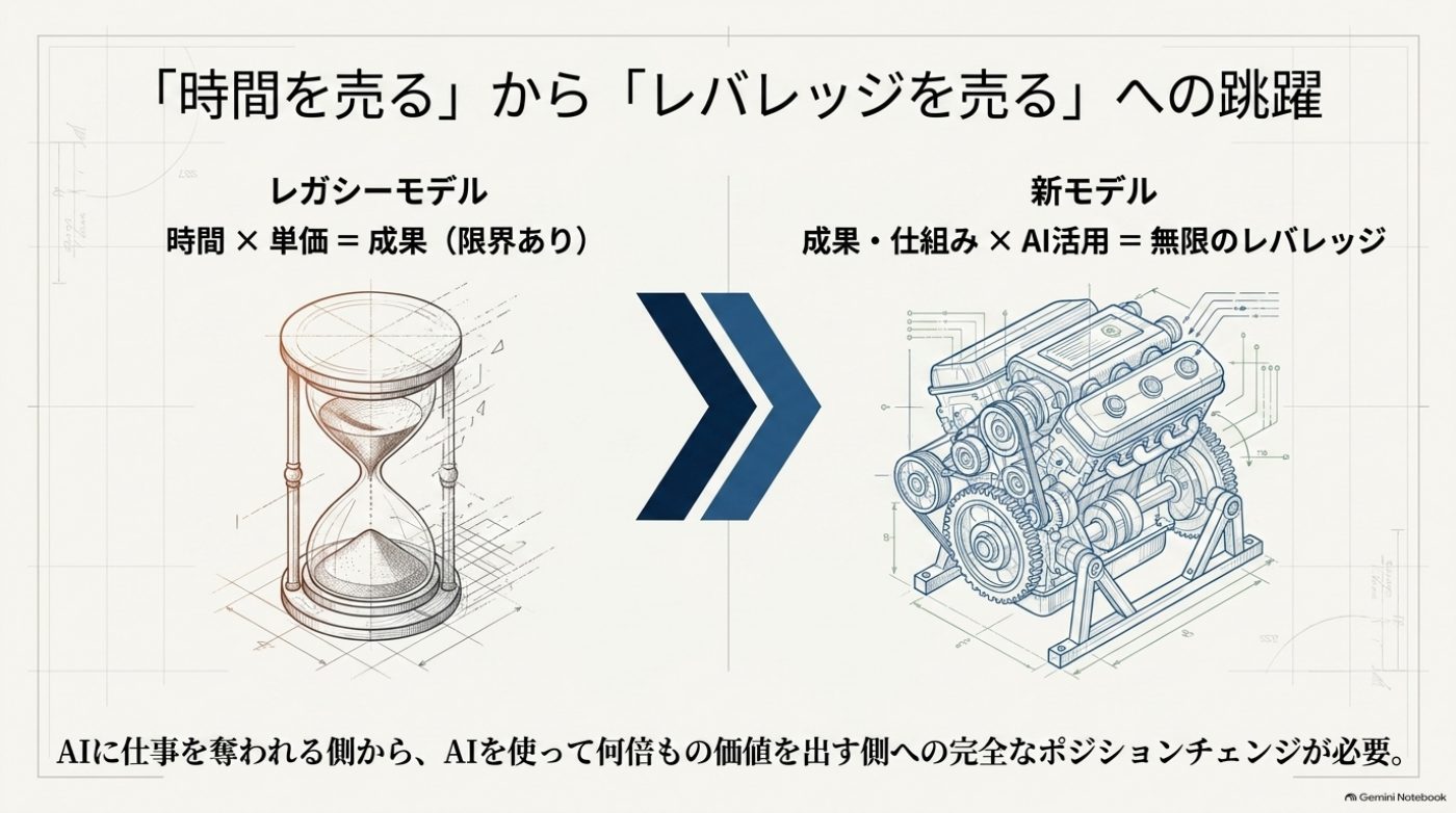 レガシーモデル(時間×単価=成果、限界あり)を砂時計、新モデル(成果・仕組み×AI活用=無限のレバレッジ)をエンジンの設計図で対比した図