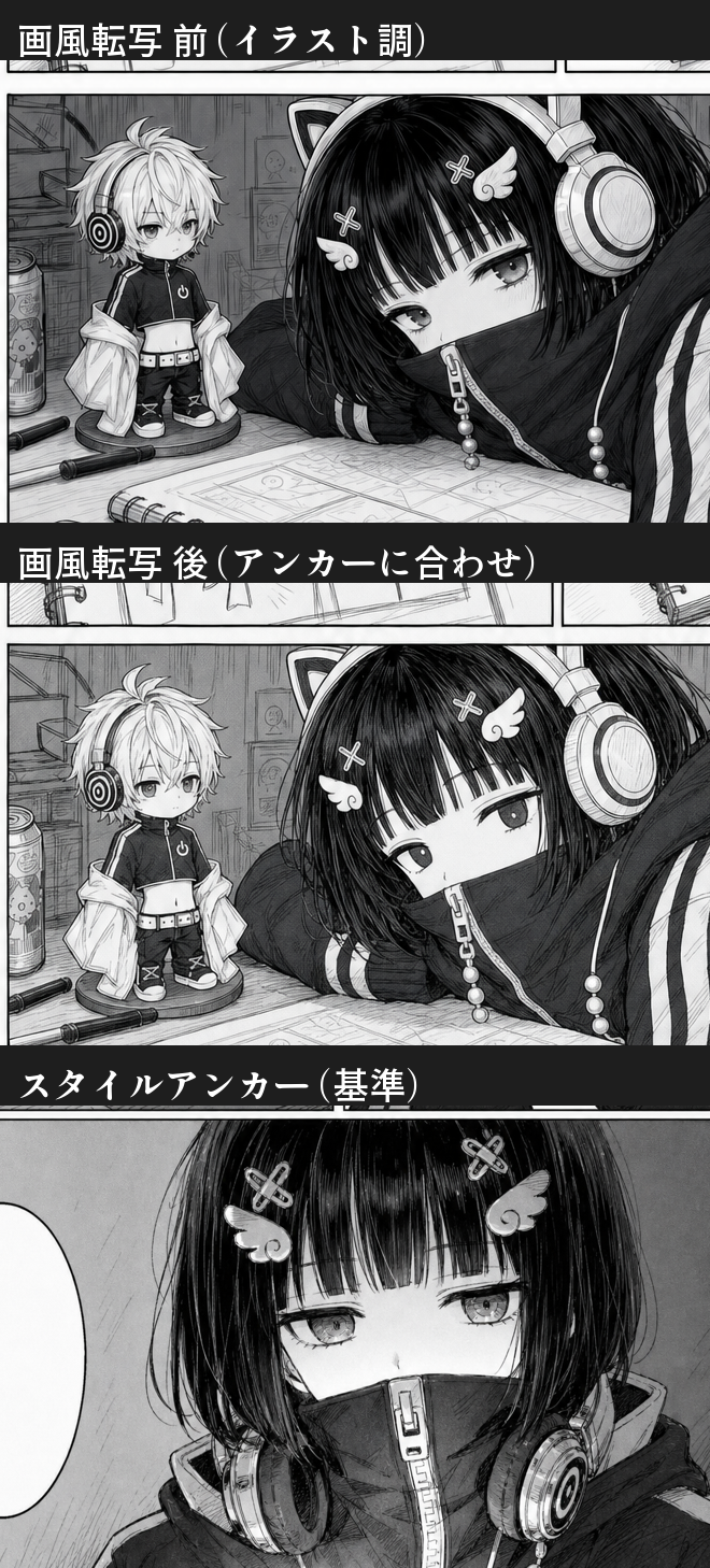 3段の比較画像。上から「画風転写 前(イラスト調)」「画風転写 後(アンカーに合わせ)」「スタイルアンカー(基準)」。同じ構図のまま、陰影の強いイラスト調から基準ページの漫画的な線の絵柄へ転写されている