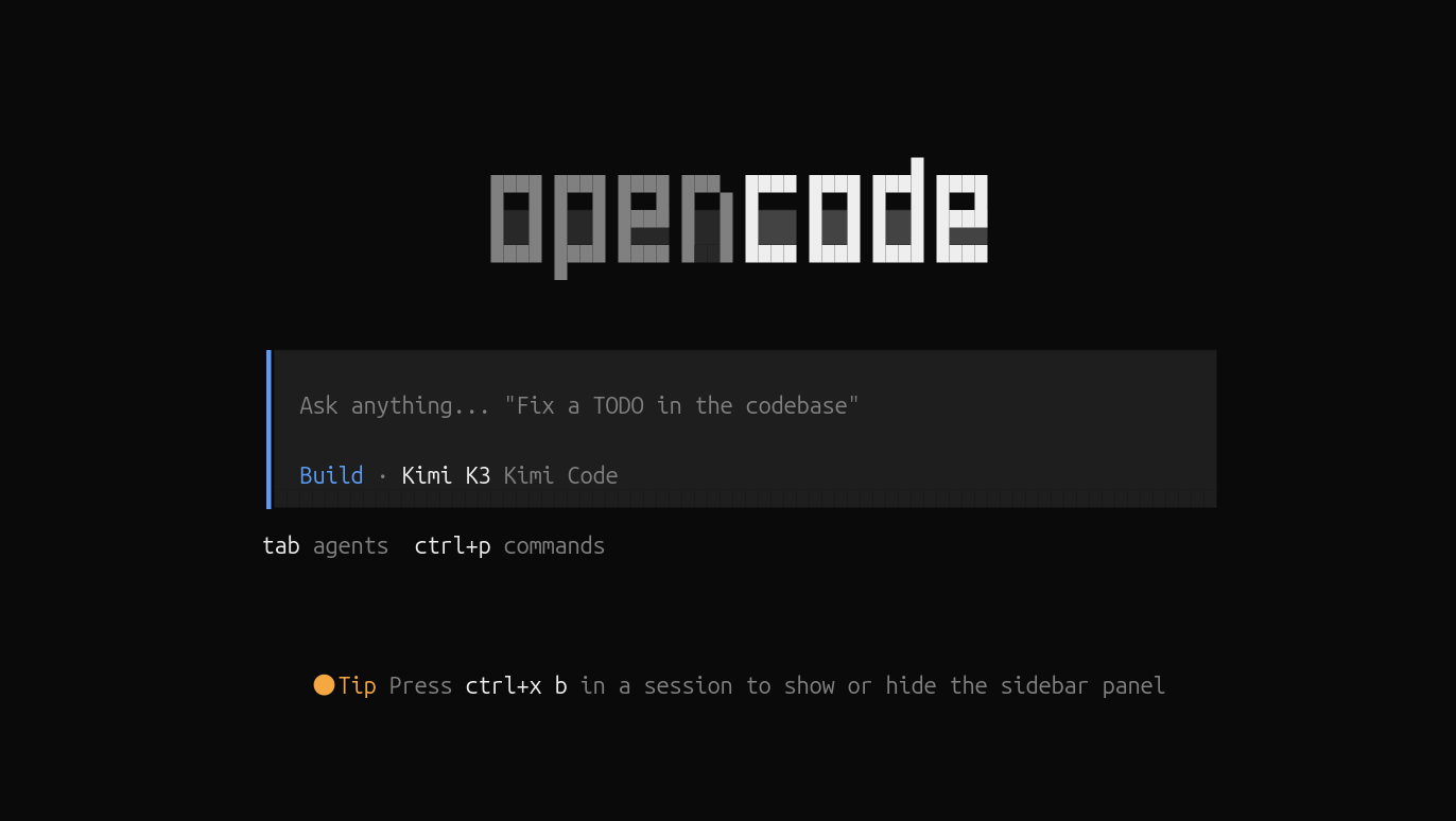 opencodeのTUI画面。プロンプト入力欄の下に「Build · Kimi K3 Kimi Code」と表示されており、K3モデルが選択されている